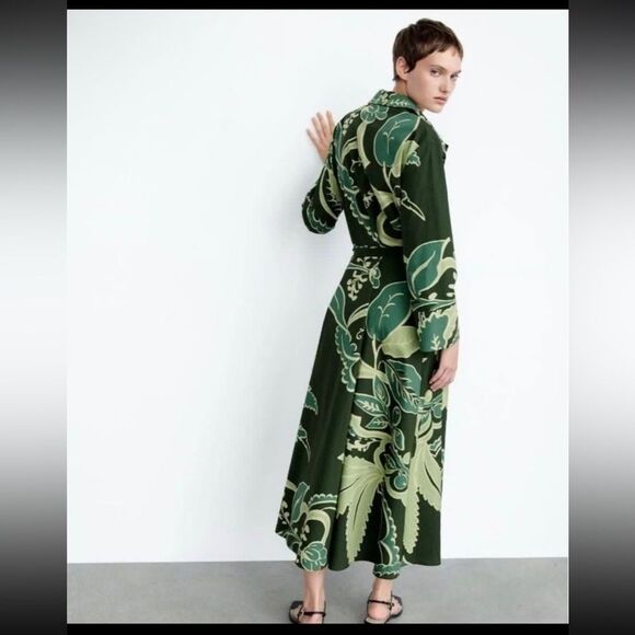Zara Bold Green Print Maxi Button Up Belt Dress Leaf Print Size S– 100% Cotton - Picture 6 of 14
